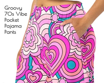 70s Nostalgia Pajama Pants Unisex Boho Hippie Pattern Lounge Pants | 5661-PJU Groovy Pink Love