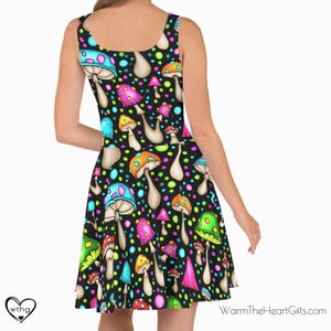 Dress Mushroom Print Flowy Fit and Flare Mini Dress Cute Short Cottagecore Skater Aesthetic Festival Rave Beach | 5244-SD Groovy Mushrooms