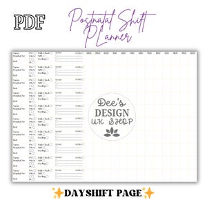 Printable postnatal ward planner designed for use during a 12-hour shift. The layout is in A4 landscape format and includes a large table with space to record care for up to 10 women. Columns are labelled for key postnatal checks such as PNC, NIPE, medications, discharge, contraception, TWOC, bloods, and reminders. The design is clean, structured making it ideal for midwives, student midwives, and maternity support workers to stay organised during busy postnatal shifts.