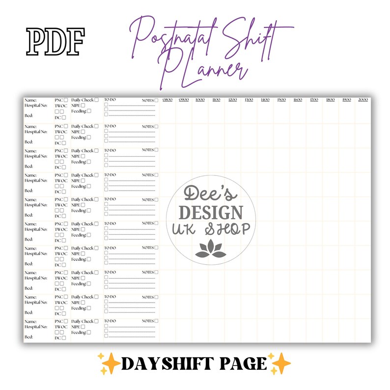 Printable postnatal ward planner designed for use during a 12-hour shift. The layout is in A4 landscape format and includes a large table with space to record care for up to 10 women. Columns are labelled for key postnatal checks such as PNC, NIPE, medications, discharge, contraception, TWOC, bloods, and reminders. The design is clean, structured making it ideal for midwives, student midwives, and maternity support workers to stay organised during busy postnatal shifts.
