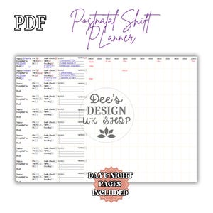 Peut inclure: Un planificateur de quarts postnatal imprimable en PDF avec une mise en page en grille pour le suivi des tâches quotidiennes et des notes. Le planificateur comprend des pages jour et nuit et présente le texte "Postnatal Shift Planner".