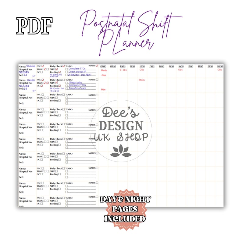 Printable postnatal ward planner designed for use during a 12-hour shift. The layout is in A4 landscape format and includes a large table with space to record care for up to 10 women. Columns are labelled for key postnatal checks such as PNC, NIPE, medications, discharge, contraception, TWOC, bloods, and reminders. The design is clean, structured making it ideal for midwives, student midwives, and maternity support workers to stay organised during busy postnatal shifts.
