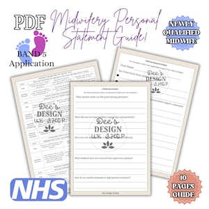 Puede incluir: Una guía en PDF para una declaración personal de partería, con el texto "Midwifery Personal Statement Guide!" y "Band 5 Application". La guía incluye indicaciones y un planificador para matronas recién tituladas. La guía tiene 10 páginas.