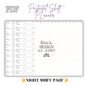 Printable postnatal ward planner designed for use during a 12-hour shift. The layout is in A4 landscape format and includes a large table with space to record care for up to 10 women. Columns are labelled for key postnatal checks such as PNC, NIPE, medications, discharge, contraception, TWOC, bloods, and reminders. The design is clean, structured making it ideal for midwives, student midwives, and maternity support workers to stay organised during busy postnatal shifts.