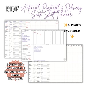 May include: A PDF shift planner for antenatal, postnatal, and delivery suites. The planner includes 8 pages and features a layout for tracking patient information, notes, and equipment. Text on the image includes "Antenatal, Postnatal & Delivery Suite Shift Planner."