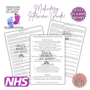 May include: A Midwifery Interview Guide for Band 5 applications. The PDF document includes a checklist, interview questions, and a 24-page guide. The guide features the NHS logo and text that reads "Newly Qualified Midwife."