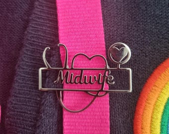 Heart Stethoscope Midwife Pin: Silver Healthcare Brooch, Midwifery Gift