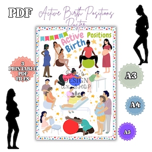 POSICIONES ACTIVAS PARA EL PARTO Póster: herramienta visual, estudiante de obstetricia, educación en obstetricia, embarazo, parto y nacimiento, PDF digital, impresión en casa