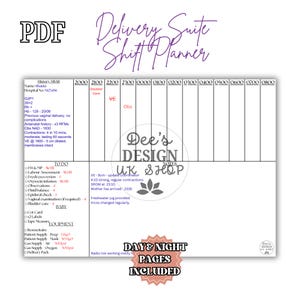 May include: A printable PDF delivery suite shift planner with a detailed layout. The document includes sections for patient history, to-do lists, equipment, and time-based observations. The planner features the text "Delivery Suite Shift Planner" and "Day & Night Pages Included".