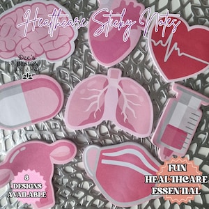 May include: Pink and red sticky notes with healthcare-themed illustrations, including a brain, heart, lungs, a syringe, a pill, a heart rate monitor, and a face mask. The notes say "Healthcare Sticky Notes" and "Fun Healthcare Essential".