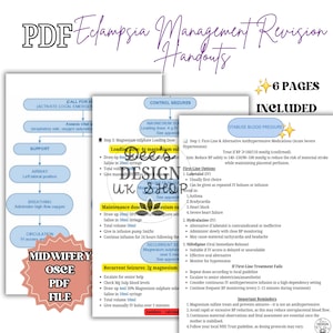 May include: A digital PDF document titled Eclampsia Management Revision Handouts, featuring 6 pages of medical information. The content includes flowcharts for seizure control, magnesium sulfate dosing, and antihypertensive medication guidelines.