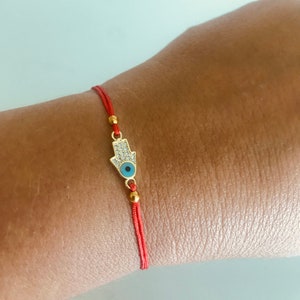 Hamsa Evil Eye Red String Bracelet: Gold Plated Brass, Kabbalah Jewelry