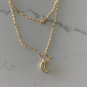 Gold Moon Star Double Strand Necklace: Sterling Silver Celestial Jewelry