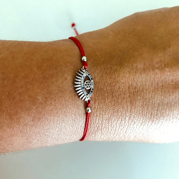 Mauvais œil avec bracelet à cordes rouges | Bracelet fil rouge mauvais œil en argent | Bracelet à breloques en argent | Bracelet Kabbale Rouge