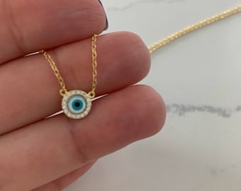 Dainty Sterling Silver Evil Eye Necklace: Pave Charm, Protection Jewelry