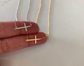 Small Sideways Cross Necklace | Sterling Silver Cross Necklace | Religious Necklace | Cross | Gold Cross Necklace | Silver Cross Necklace