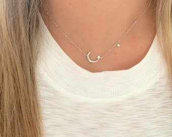 925 Sterling Silver Moon and Two Stars Necklace