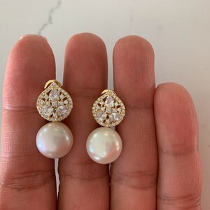 Round Large Pearls on Oval Baguette and CZ | Baguette Earrings | Gold & Silver Bridal Earrings | Bridesmaid Wedding Gifts for Her