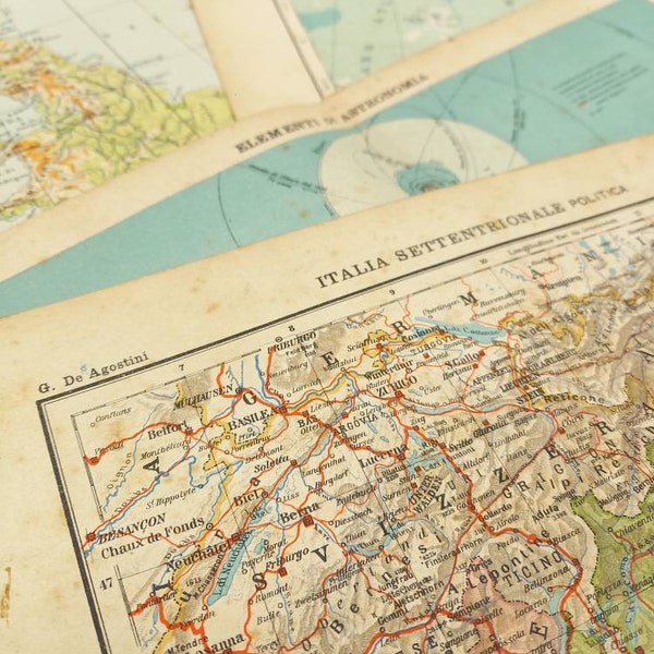 Set of 5 sheets of old mixed VINTAGE maps for Scrapbooking. Creation Bullet journal kraft paper fantasy decoration. Collage bundlesheets