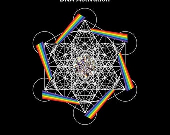 May include: A white geometric pattern with a diamond in the centre, surrounded by six circles and rainbow stripes. The text "Quantum Crystalline DNA Activation" is at the top of the image.
