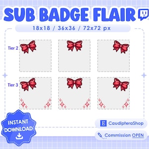 6 x Bow Tie 1 Twitch Sub Badge Flair Tier 2 & 3 - Subscriber Sticker - Discord - Streamer - Pink - Stars - bow tie - Kawaii - Cute
