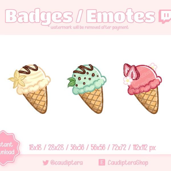 3 x Badges / Emotes Twitch Ice Cream 2 - Discord - Stream - glace - kawaii - cute - summer - vanille - menthe - fraise