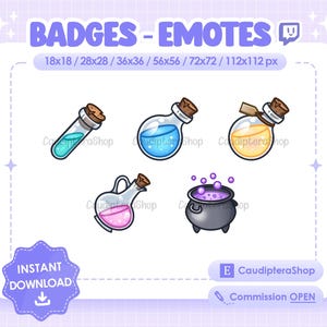 May include: Set of five digital badges or emotes featuring cartoon potion bottles and a cauldron. The potions are blue, yellow, pink, and purple. The cauldron is black with purple steam coming out of it. The text "BADGES - EMOTES" is at the top of the image.