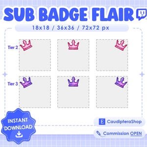 6 x Crowns Twitch Sub Badge Flair - Tier 2 & 3 - Subscriber Sticker - Crown - Pink - Purple - Stream - Streamer