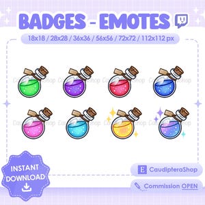 Peut inclure: Ensemble de huit émoticônes Twitch de flacons de potion colorés de différentes tailles, de 18x18 pixels à 112x112 pixels. Les émoticônes présentent un style cartoon avec un bouchon en liège et un liquide tourbillonnant à l'intérieur.
