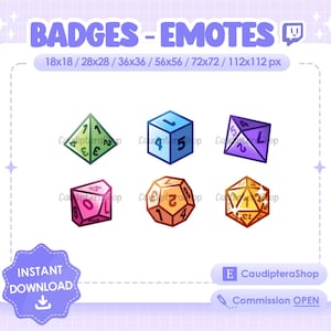 6 x RPG Dice Badges for Twitch Streamers - Discord - Youtube - Dice - Kawaii - Role Playing Game