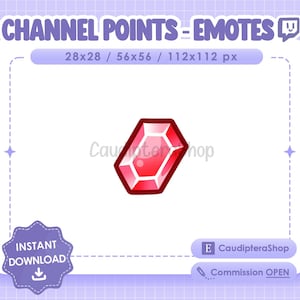 Peut inclure: Un émoji de gemme rouge pour les points de chaîne Twitch. L'émoji a la forme d'un hexagone aux bords arrondis. L'émoji est disponible en trois tailles : 28 x 28 pixels, 56 x 56 pixels et 112 x 112 pixels.