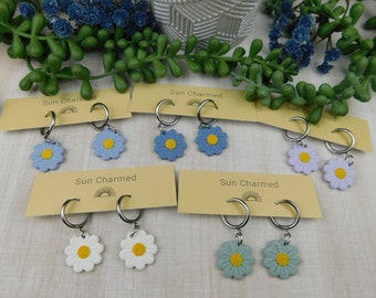 Daisy Dangle Hoop Clay Earrings, Flower Hoop Earrings,