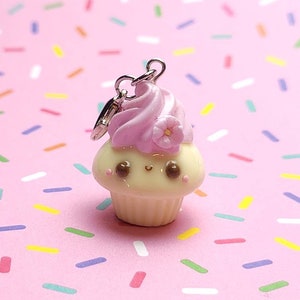 Cute Sakura Vanilla Cupcake Kawaii Clay Charm, Polymer Clay Cupcake Charm, Stitch Marker