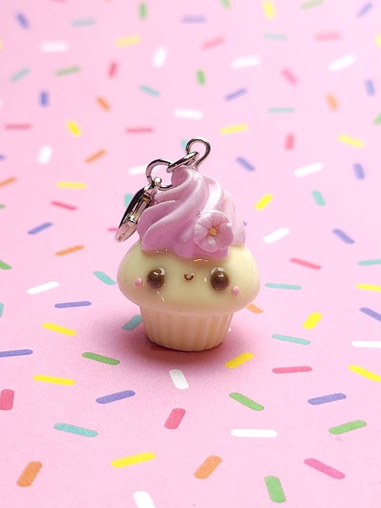 Cute Sakura Vanilla Cupcake Kawaii Clay Charm, Polymer Clay Cupcake Charm, Stitch Marker