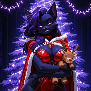 May include: A dark-furred anthropomorphic character with purple hair wearing a red and white trimmed cape over a red bodysuit with straps, holding a small brown plush reindeer toy in front of a glowing purple Christmas tree with string lights.