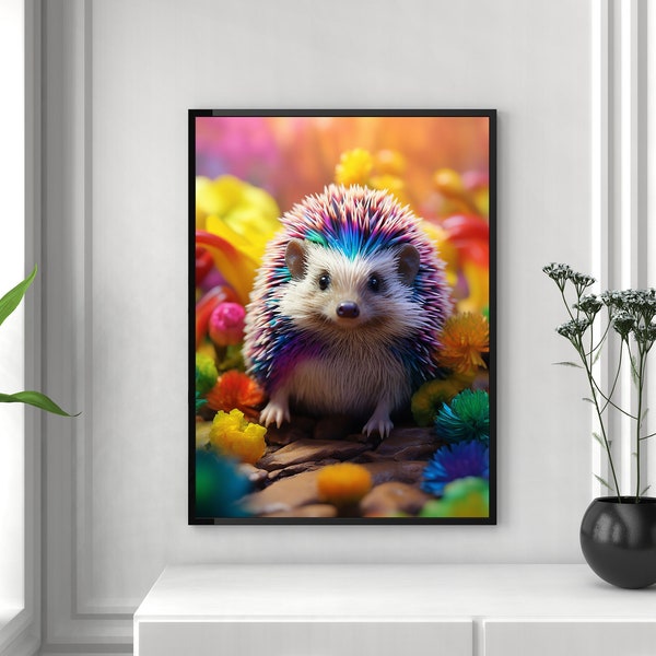 Colorful Hedgehog and Dandelion Meadow Print, Whimsical Cute Little Hedgehog, Nature's Palette, AI Art, Cute Hedgie in a Field of Color