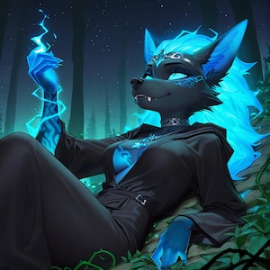 May include: An anthropomorphic wolf character with dark fur and glowing blue hair, wearing a black hooded robe and a silver choker. The character has blue markings on the face and arms, and is holding a small, glowing blue flame of energy.