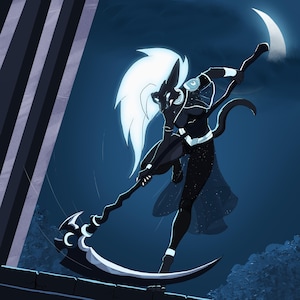 May include: A digital illustration of an anthropomorphic black feline character with glowing white hair and eyes, wearing a dark outfit with star patterns. The character holds a large, curved scythe with a crescent moon symbol under a night sky.