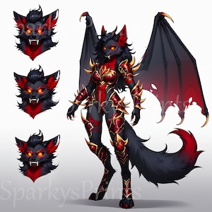 May include: Digital illustration of a wolf-like creature with black fur, red accents, and bat-like wings. The creature wears red and gold armour. Three wolf head portraits are also included.