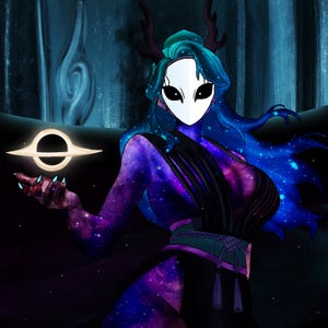 May include: A digital illustration of a figure with blue and purple galaxy-patterned skin, wearing a white mask with black eye slits and dark antlers. The figure holds a glowing golden ring representing a black hole in one hand.