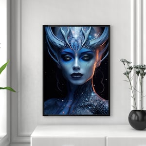 May include: A digital art print of a woman with blue skin and a crown of antlers. Her face is painted with blue eyeshadow and dark lipstick. The background is dark and starry.