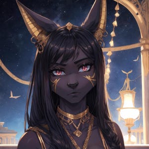 May include: A dark-skinned woman with long black hair and golden ears, wearing a gold necklace and a serious expression. She has red eyes and gold markings on her face. The background is a dark blue night sky with stars and a golden structure.