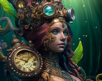 Wall Art, AI Generated Art, Steampunk Mermaid Print, AI Poster Print, Underwater  , home decor, Poster Print, Woman, art , Art