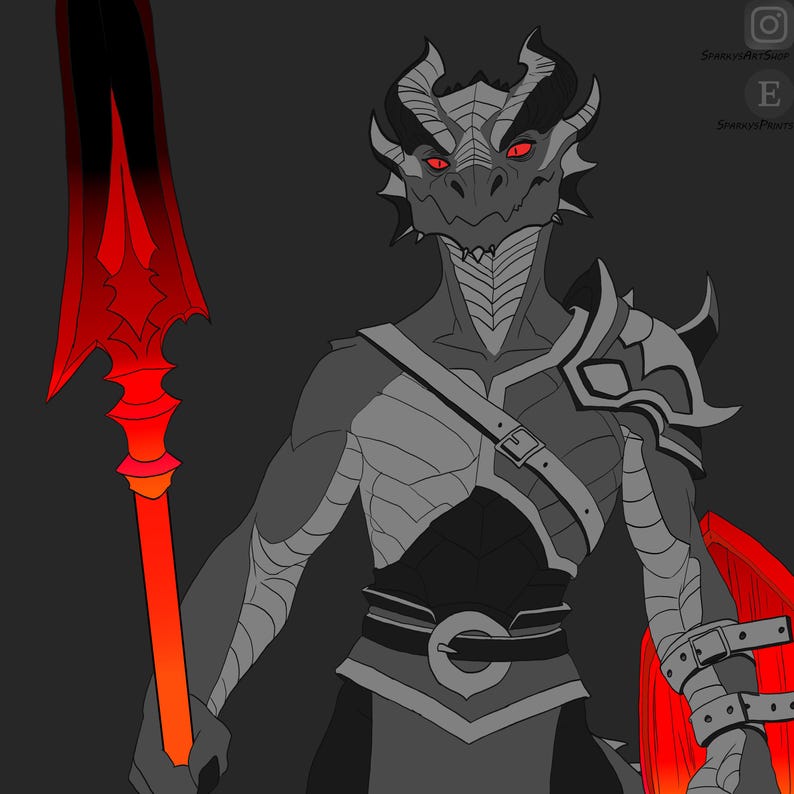 May include: A digital illustration of a grey dragon-like humanoid warrior with glowing red eyes and horns. The figure wears dark grey armor with straps and holds a long spear with a glowing red blade. A red shield is visible on the left side.