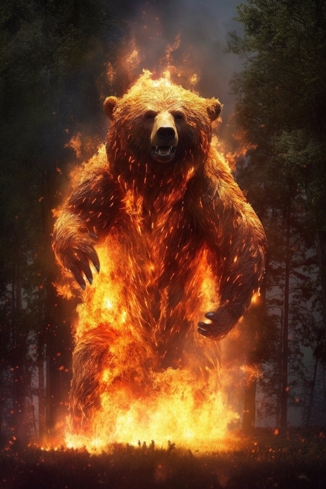 Unframed Wall Art, Fire Elemental Bear, Tabletop Art, Magical Flaming