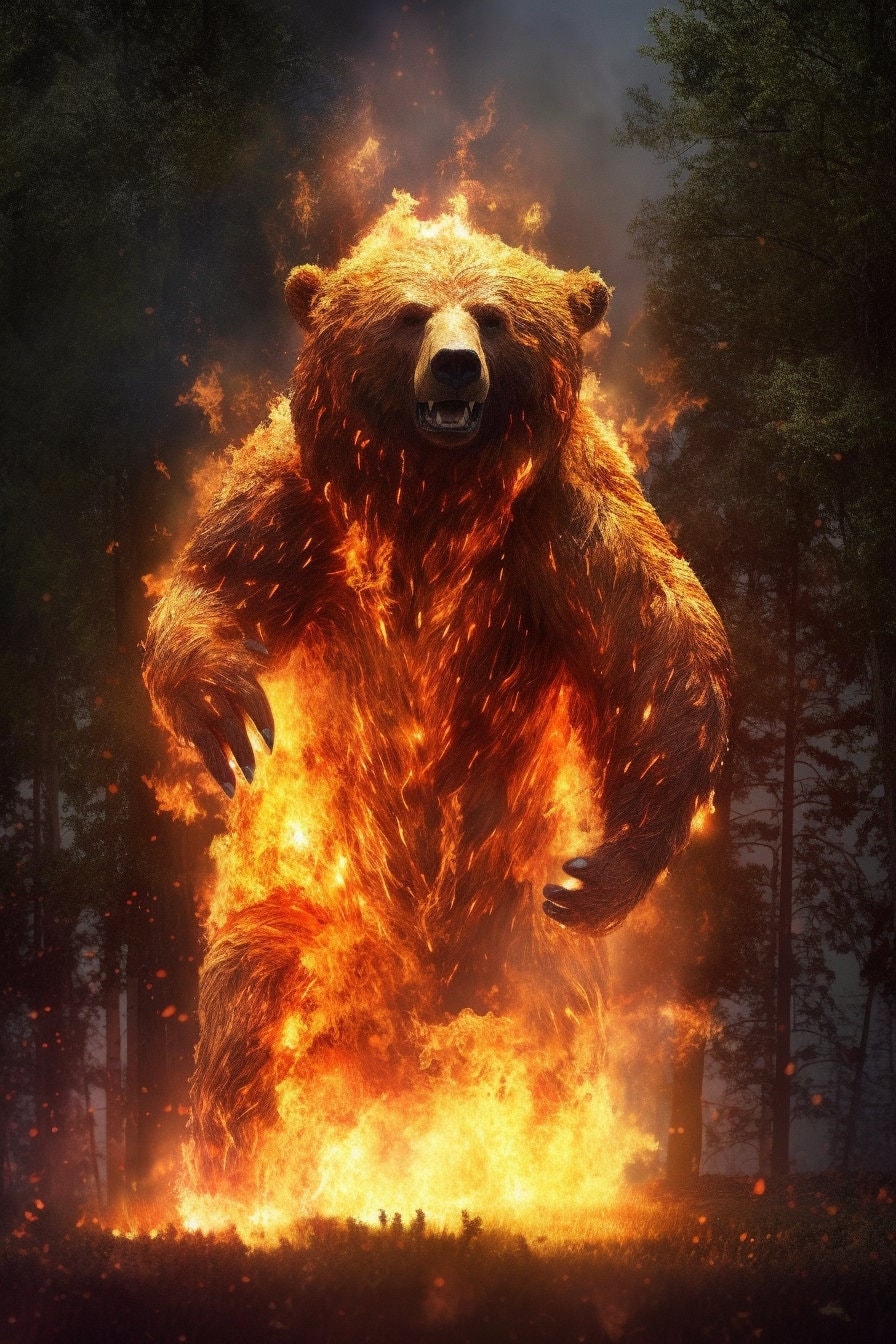 Unframed Wall Art, Fire Elemental Bear, Tabletop Art, Magical Flaming