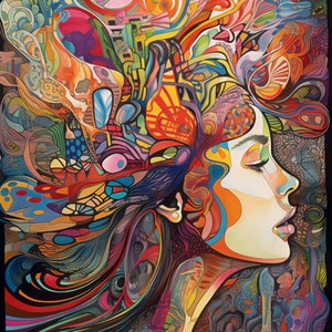 Psychedelic Girl Art Print, Wall Art, Art Print, Pink Portrait, High Quality Print, Home Decor, Vivid Color, Vibrant, AI Generated Art