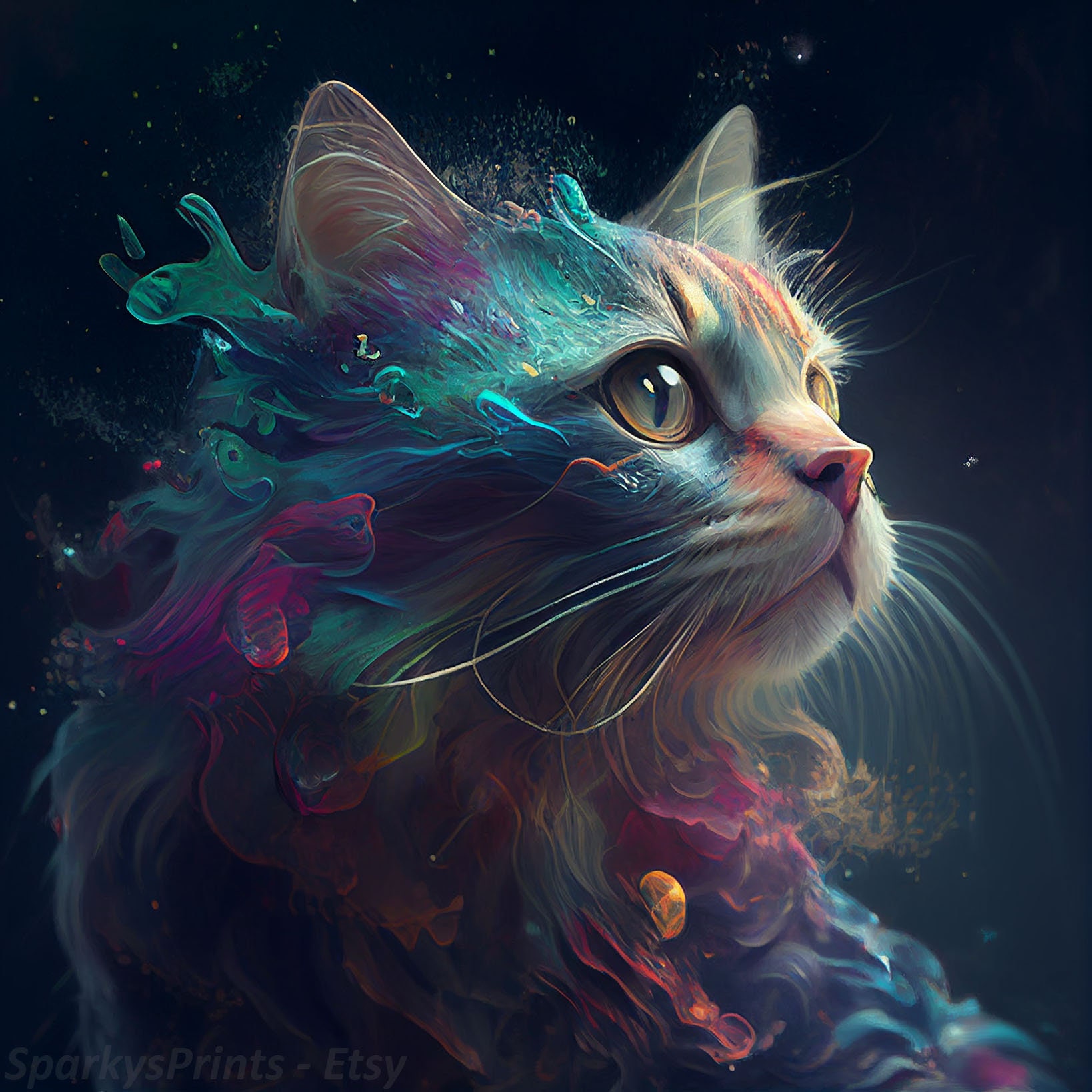 Wall Art, AI Generated Art, AI Art Print, Smoky Colorful Cat Print, Wet ...