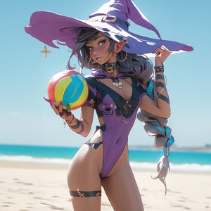 Wall Art, AI Art, Magical Beach, Sorceress Witch, Female Sorceress Print, Fantasy Witch, Home Decor, Volleyball Art, Poster Print, Art Print