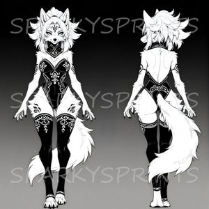 May include: A black and white illustration of a wolf-like character in a bodysuit. The character has a white fur mane, tail, and accents, with black leggings and a decorative bodice. The image shows both front and back views.